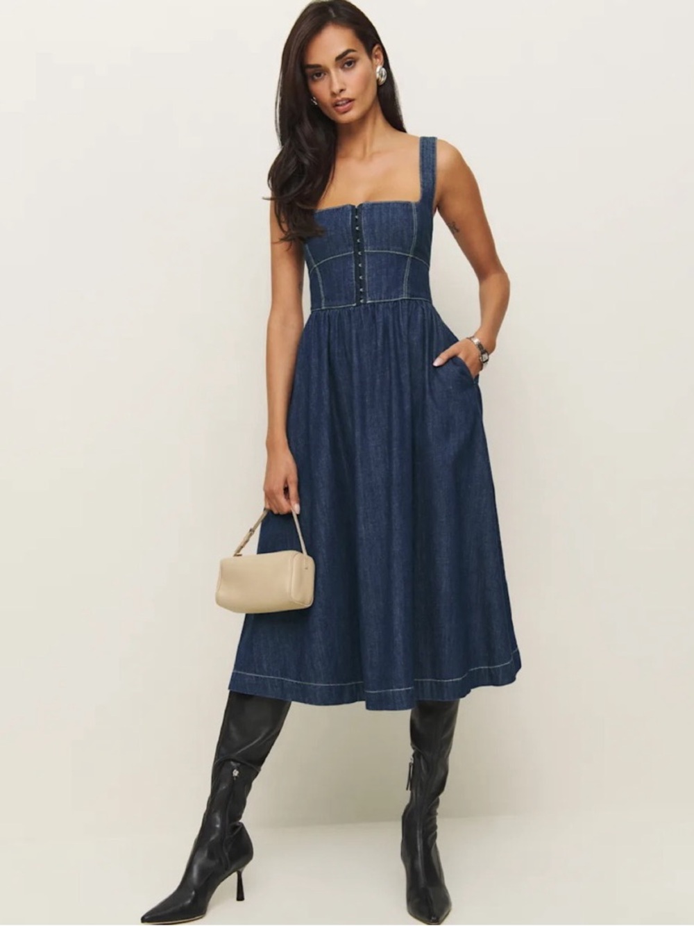 Reformation Denim Tagliatelle Square Neck Corset Midi Dress Blue NWT Sz US 12
